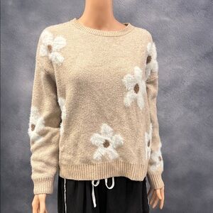 SHEIN Beige Floral Crew Neck Sweater